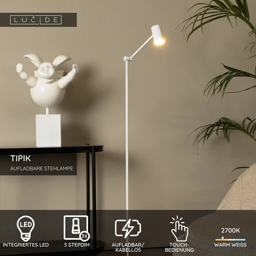 Lucide TIPIK - wiederaufladbare Stehlampe - Akku/Batterie - LED 3 StepDim - 1x3W 2700K - Weiß - USP